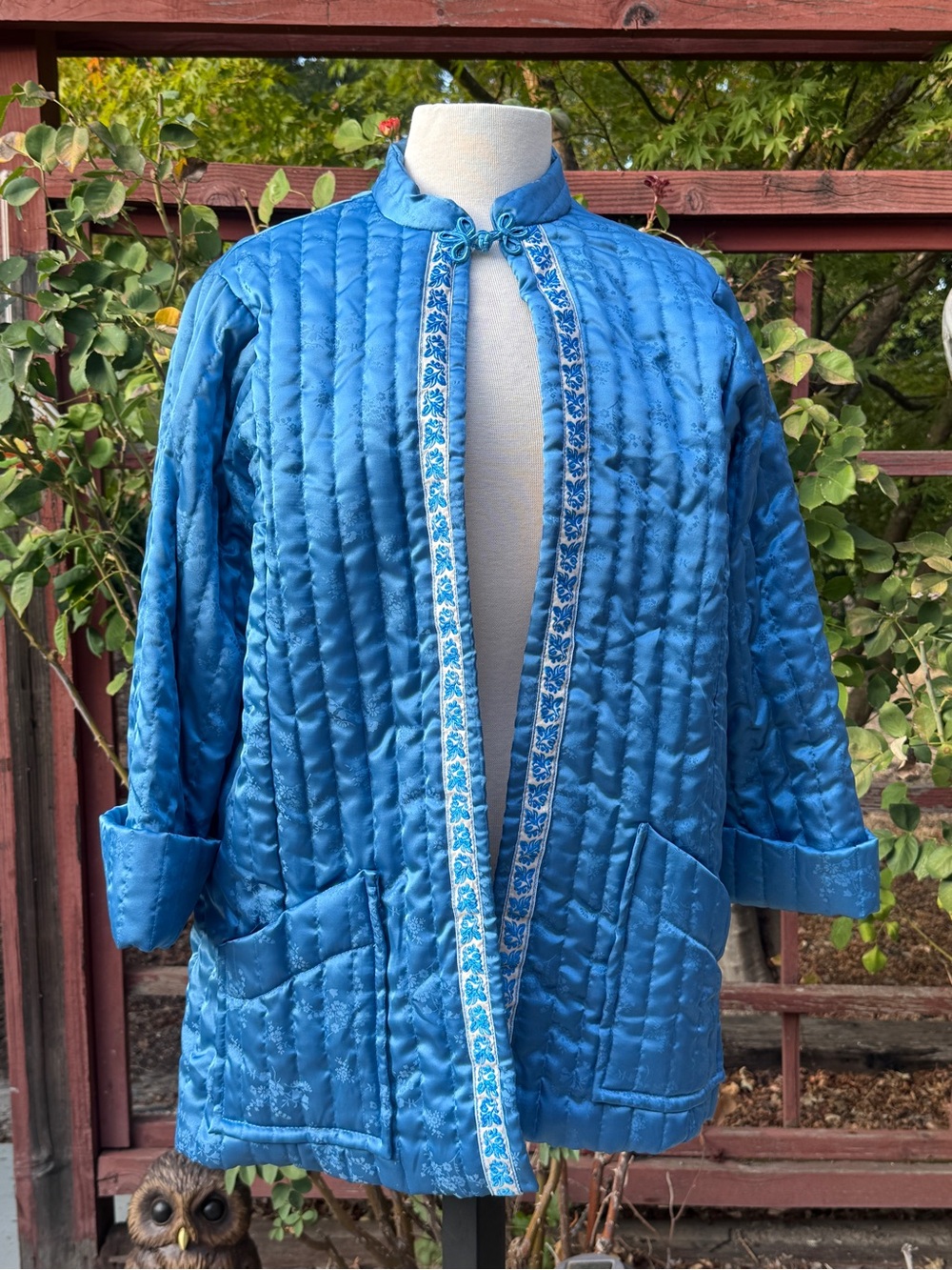 Vintage Handmade Blue Quilted Satin Jacket with Embroidered Trim